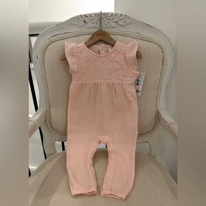🦢 Baby 12 Mth Embroidered Smocked Muslin Cotton Romper Ballet Pink NWT